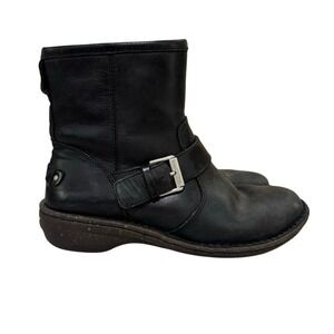 UGG Leather Ankle Boots Women's 7 Black Shearling Lined Moto Buckle Zip